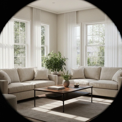 An inviting living room filled with natural light from large windows