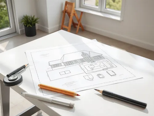Modern architectural design drawing on a desk