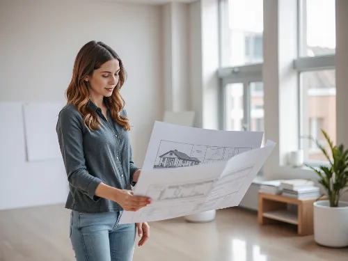 Project manager reviewing blueprints with a client