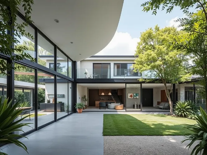 Modern house extension with large windows and a beautiful garden
